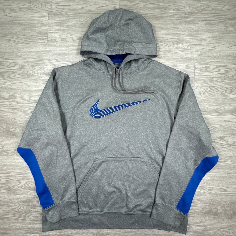 Nike Mens Hoodie Therma-FIT Pullover Gray Blue Large Swoosh‎ Graphic Sweatshirt